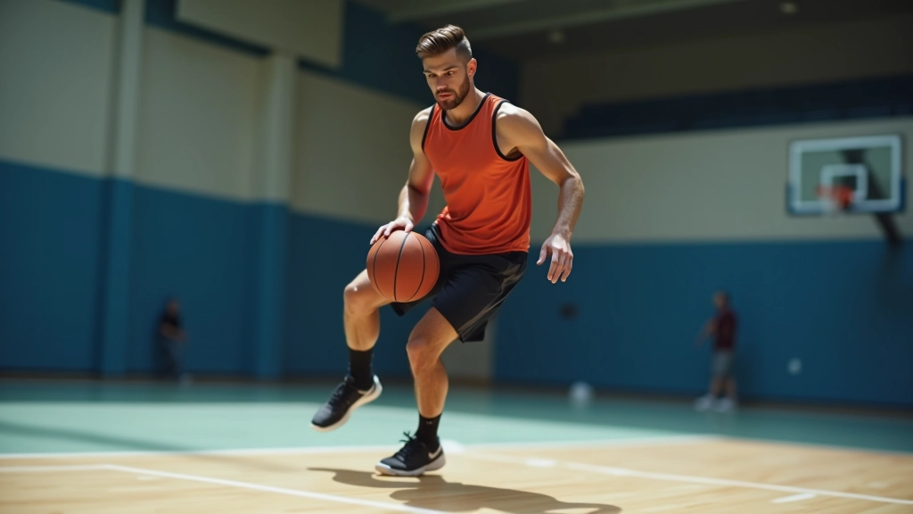 لاعب متقدم يقوم بحركة مراوغة معقدة مع كرة السلة في ملعب احترافي