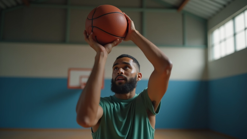 لاعب يكمل متابعة الرمية بذراعه مشيرة للسلة والكرة في مسارها